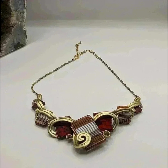 Abstract geometric necklace modern bronze GoldTone Maroon EUC excellent conditio - Picture 1 of 2